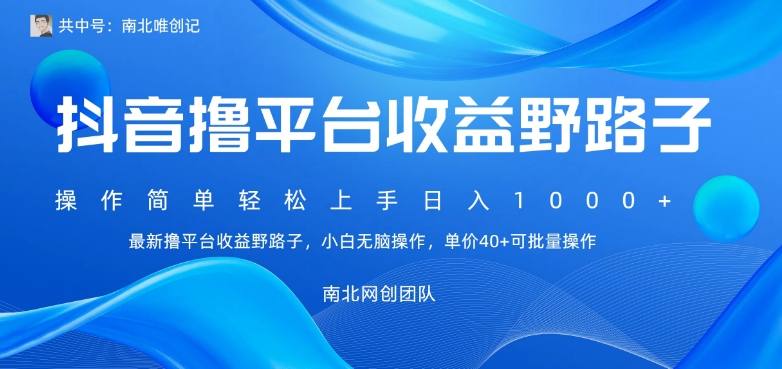 最新撸抖音平台收益野路子，操作简单，单价高，小白可无脑操作可日入1000+-创业项目网