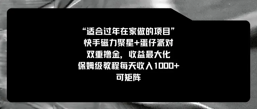 适合过年在家做的项目，快手磁力+蛋仔派对，双重撸金，收益最大化 保姆级教程， 每天收入1000+，可矩阵-创业项目网