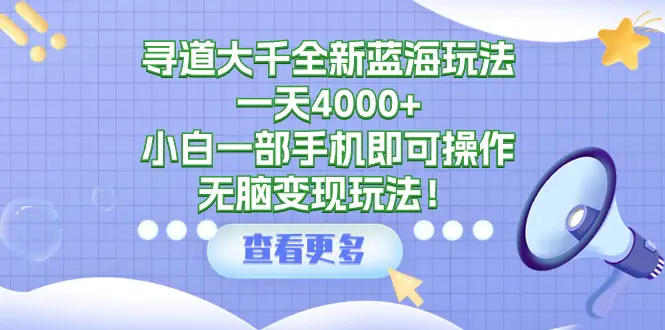 寻道大千全新蓝海玩法，一天4000+，小白一部手机即可操作，无脑变现玩法！-创业项目网