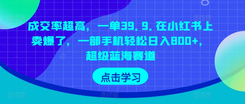 成交率超高，一单39.9.在小红书上卖爆了，一部手机轻松日入800+，超级蓝海赛道-创业项目网