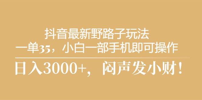 抖音最新野路子玩法，一单35，小白一部手机即可操作，，日入3000+，闷声发小财-创业项目网