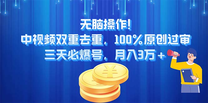 无脑操作，中视频双重去重，100%原创过审，三天必爆号，月入3万+-创业项目网