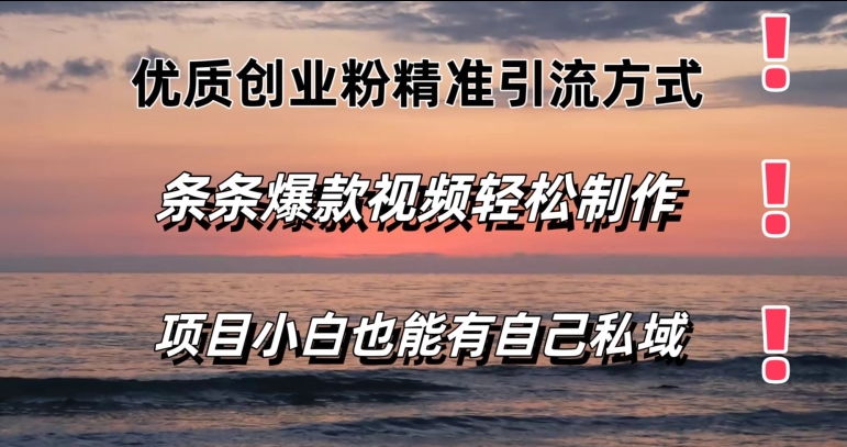 优质创业粉精准引流方式，条条视频爆款，小白也能轻松拥有自己的私域-创业项目网