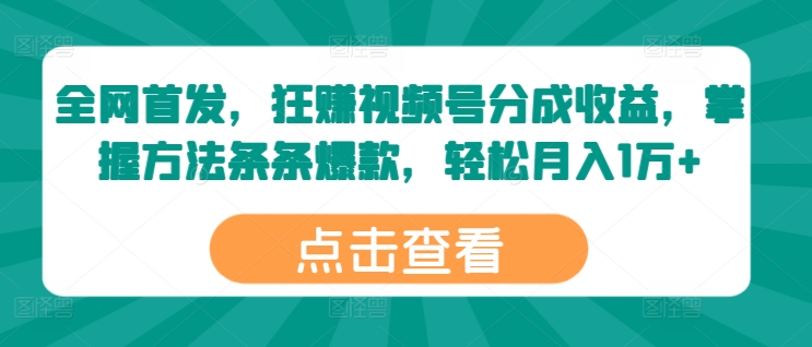 全网首发，狂赚视频号分成收益，掌握方法条条爆款，轻松月入1万+-创业项目网