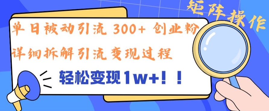 单日被动引流 300+ 创业粉，轻松变现1w+，矩阵操作详细拆解引流变现过程-创业项目网