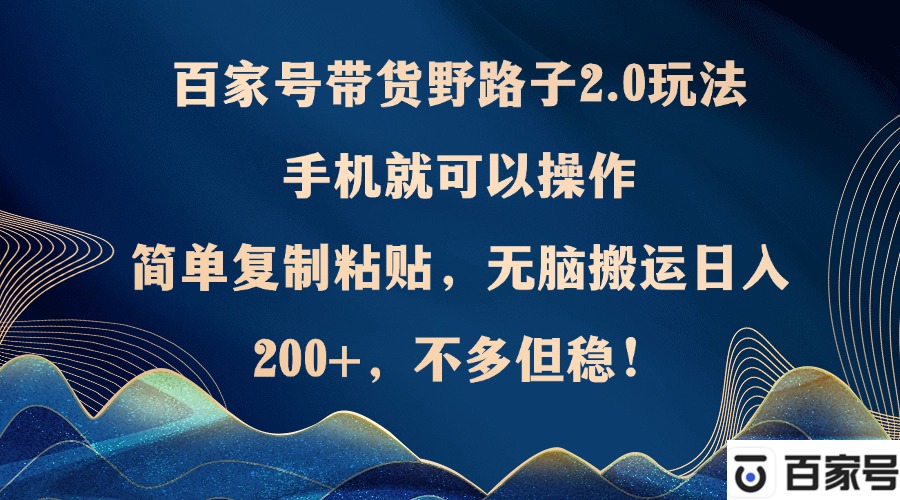 百家号带货野路子2.0玩法，手机就可以操作，简单复制粘贴，无脑搬运日入200+，不多但稳定-创业项目网