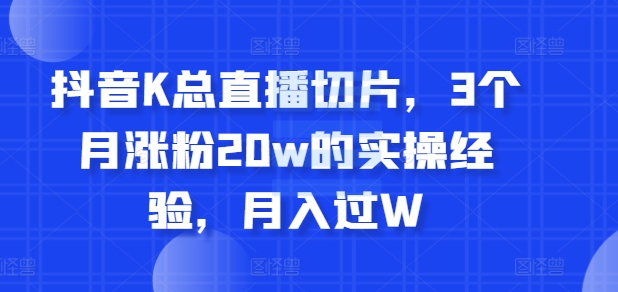 抖音K总直播切片，3个月涨粉20w的实操经验，月入过W-创业项目网