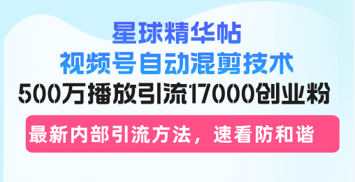 星球精华帖视频号自动混剪技术，500万播放引流17000创业粉，最新内部引流方法-创业项目网