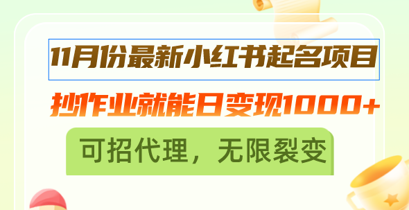 11月份最新小红书起名项目，抄作业就能日变现1000+，可招代理，无限裂变-创业项目网