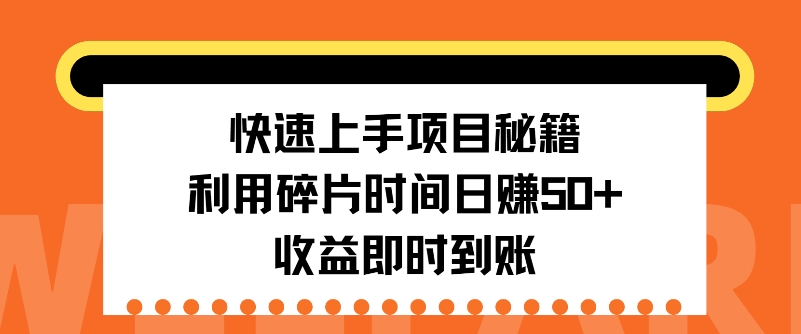 快速上手项目秘籍，利用碎片时间日入50+，收益即时到账-创业项目网