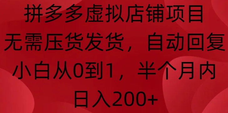 拼多多虚拟店铺项目，无需压货发货，自动回复，小白从0到1，半个月内日入200+-创业项目网