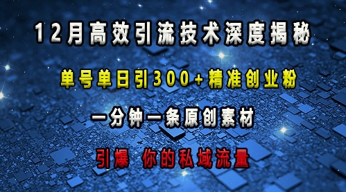 最新高效引流技术深度揭秘 ，单号单日引300+精准创业粉，一分钟一条原创素材，引爆你的私域流量-创业项目网