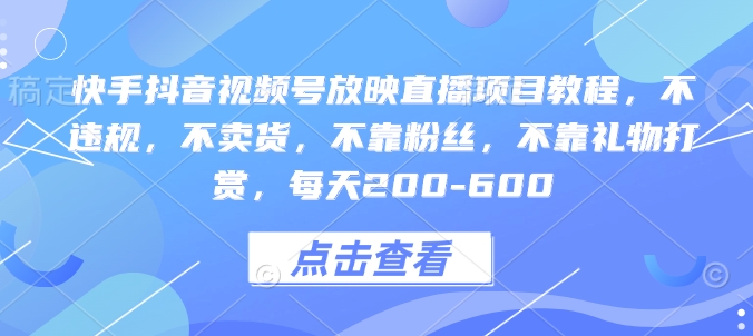 快手抖音视频号放映直播项目教程，不违规，不卖货，不靠粉丝，不靠礼物打赏，每天200-600-创业项目网