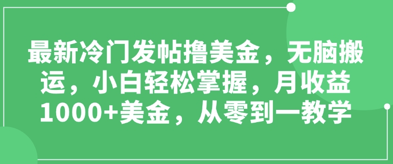 最新冷门发帖撸美金，无脑搬运，小白轻松掌握，月收益1000+美金，从零到一教学-创业项目网