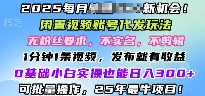 2025闲置视频账号一键代发玩法，0粉不实名不剪辑，领了视频直接发，0基础小白也能日入3张-创业项目网