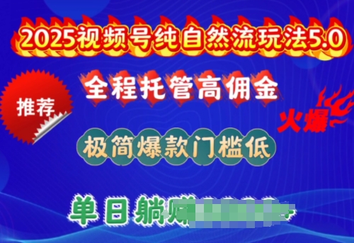 2025视频号纯自然流玩法5.0，全程托管高佣金，极简爆款门槛低，单日收益多张-创业项目网