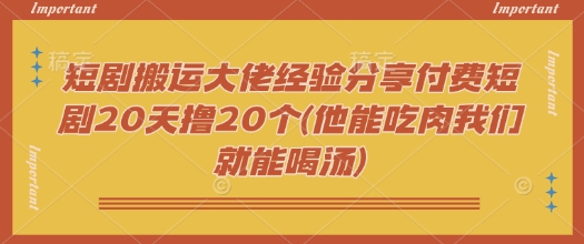 短剧搬运大佬经验分享付费短剧20天撸20个(他能吃肉我们就能喝汤)-创业项目网