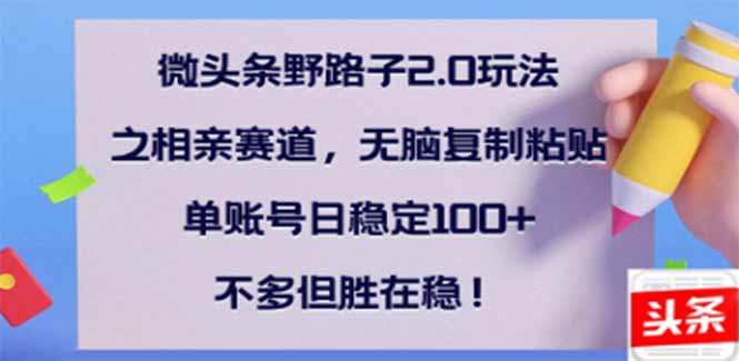 微头条野路子2.0玩法之相亲赛道，无脑搬砖复制粘贴，单账号日稳定300+-创业项目网