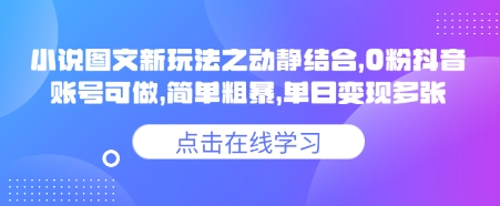 小说推文图文新玩法之动静结合，0粉抖音账号可做，简单粗暴，单日变现多张-创业项目网