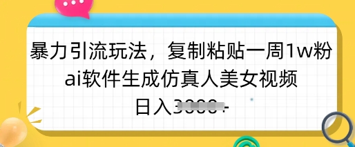 暴力引流玩法，复制粘贴一周1w粉，ai软件生成仿真人美女视频，日入多张-创业项目网